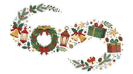 Fototapeta premium Watercolor Christmas infinity symbol garland with wreath bells lanterns and gifts.