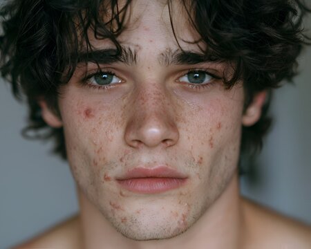 Close up portrait of a young man with acne and freckles looking at the camera