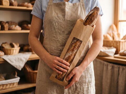 Baguette Held by an Artisan Baker Wearing a Linen Apron in a Rustic Bakery Shop with Fresh Sourdough Loaves Suitable for Culinary Branding Food Packaging and Traditional Baking Concept