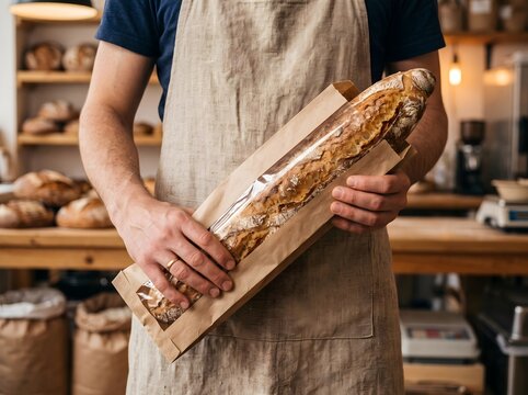 Baguette Freshly Baked Held by an Artisan Baker in a Rustic Linen Apron Inside a Traditional Bakery Shop Ideal for Commercial Food Marketing Packaging Design and Culinary Business Concepts