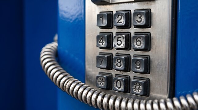Close-up of a Public Telephone Keypad with Numbers and Coil Cord