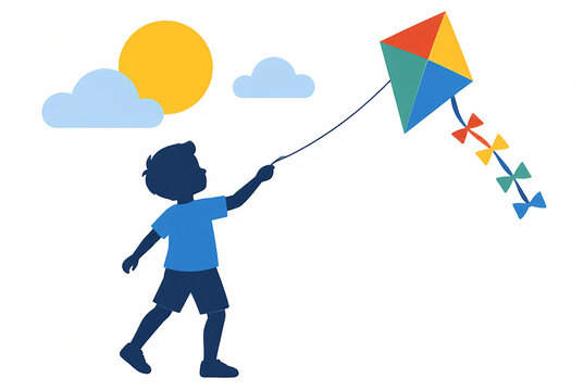 Minimalist vector of a boy silhouette flying a colorful kite under a sun and clouds, representing childhood outdoor play and summer freedom.