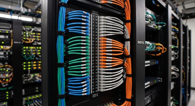 Network patch panel organized color coded cables in professional server room close-up shot