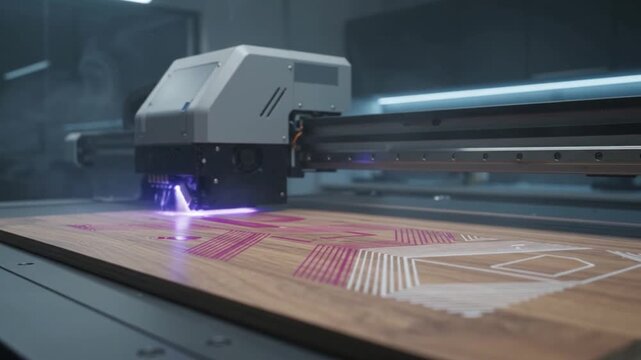 Modern UV printing machine processing graphic design on wooden board in workshop