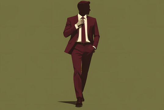 Confident Businessman in a Stylish Burgundy Suit Adjusting His Tie and Walking Forward, Minimalist Vector Art Illustration of a Professional Male Silhouette on Green Background