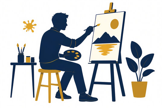 Flat Vector Illustration of a Male Artist Silhouette Painting a Mountain Landscape on a Canvas with an Easel, Palette, and Brushes, Minimalist Navy Blue and Mustard Yellow Art Style