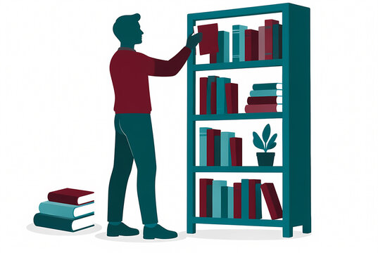 Flat Vector Illustration of a Man Silhouette Organizing and Arranging Colorful Books on a Tall Bookshelf in a Modern Library or Home Study, Concept of Education and Storage Management
