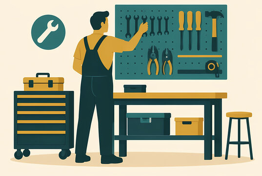Flat vector illustration of a professional handyman or mechanic in overalls arranging manual tools on a pegboard in a tidy workshop garage with a workbench, stool, and tool chest.