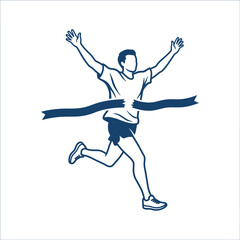 Fototapeta premium Athlete Breaks Through Finish Line Celebrating Victory With Arms Raised
