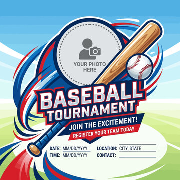 Baseball Tournament Announcement Graphic Design With Bat Ball And Team Registration Details
