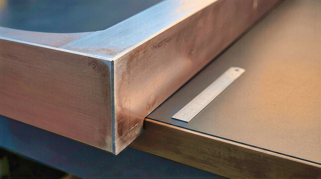 Close-up of brushed anodized aluminum frame corner on dark surface with precision metal ruler. Industrial metalwork, manufacturing detail and metallic texture with copy space for engineering