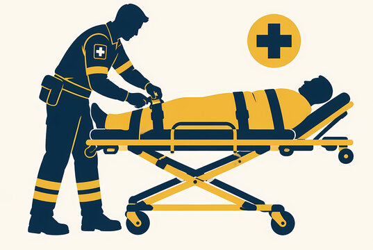 Vector illustration of a professional male paramedic silhouette securing a patient on an ambulance stretcher gurney with medical cross symbol background, flat healthcare design.