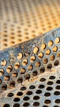 Vertical close up of bent perforated steel angle bracket with oxidized rust texture. Industrial metal mesh with circular holes, weathered metallic surface and construction material background