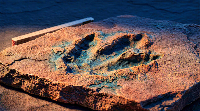 Fossilized dinosaur footprint trace impression in a rough sandstone slab with a metric scale ruler. Macro view of prehistoric reptile track in sedimentary rock for paleontology and science