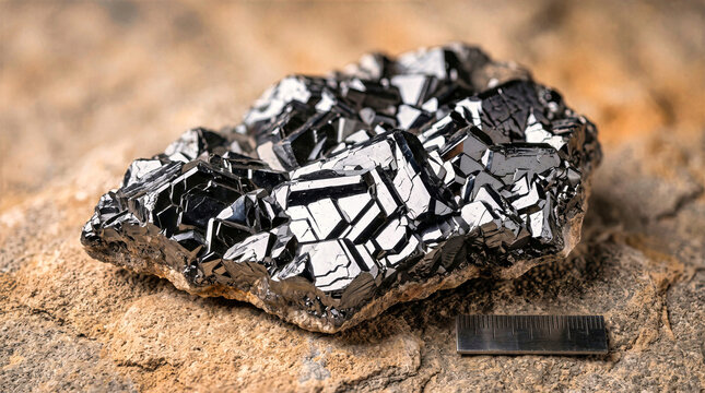Lustrous black faceted hematite crystal cluster specimen on a rough stone background. Geological sample with metallic shine and geometric crystal structure beside a small metal metric scale bar