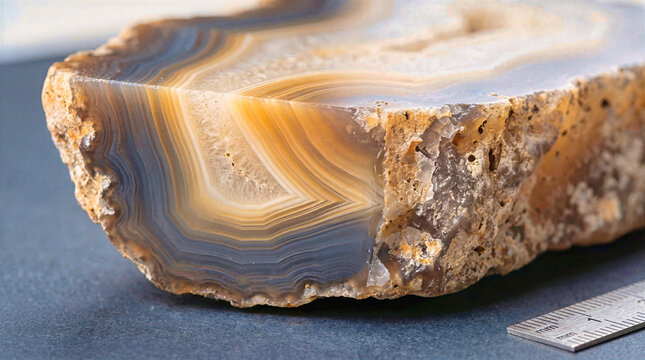 Polished banded agate chalcedony geode slice with translucent concentric rings and crystalline texture. Close-up of geological gemstone specimen with a metric scale ruler on a dark background