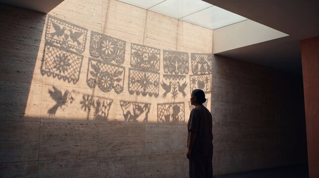 light and shadow play, soft shadows dance on a travertine wall, enhanced by papel picado shapes