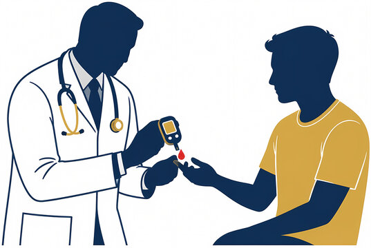 Flat vector illustration of a male doctor in silhouette performing a blood glucose test on a patient using a digital glucometer, concept of diabetes management and medical checkup.