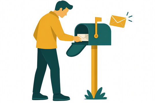 Flat vector illustration of a man silhouette checking his mailbox to receive a new letter or envelope, concept of communication, mail delivery, and information on white background