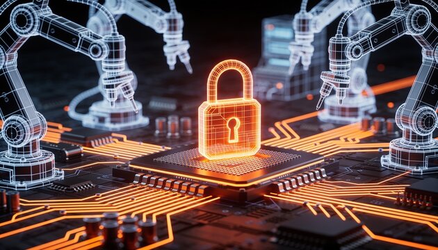 Isometric semiconductor fab with glowing orange padlock, lithography machines and wafer lines as holographic wireframes, neon orange circuit lines, dark background, chip manufacturing security