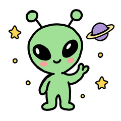 Cute Green Alien in Outer Space with Saturn and Stars © esra