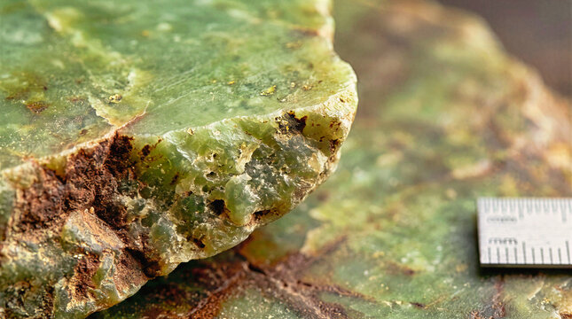 Close up of raw green nephrite jade mineral stone slab with rough edge and scale ruler. Macro texture of unpolished gemstone specimen with natural inclusions and geological details for research