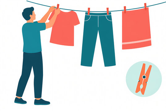 Flat vector illustration of a young man hanging wet laundry on a clothesline, domestic chores and housekeeping concept with t-shirt, trousers, and towel isolated on white background.