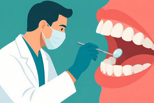 Male dentist wearing a medical face mask and gloves examining a patient's mouth and teeth with a dental mirror tool, professional flat vector illustration for oral healthcare.