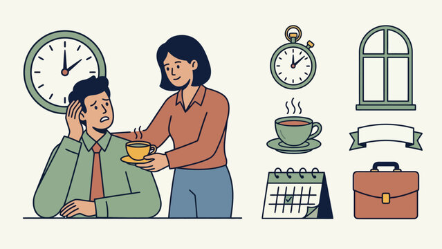 Woman offers tea to stressed man, promoting mental health wellness at work