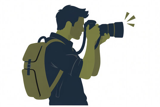 Side View Flat Vector Illustration of a Male Photographer Wearing a Backpack and Holding a Professional Camera to Take a Photo, Creative Hobby and Travel Concept Icon Isolated