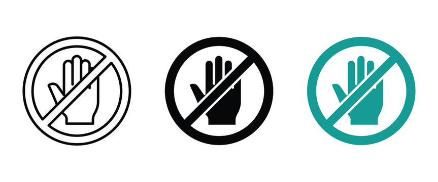 Prohibited hand sign in circle for warning and restricted access in three styles with no entry