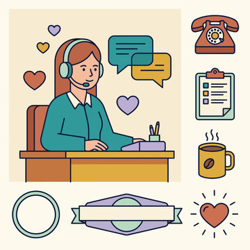 Customer service woman with headset at desk, speech bubbles, vintage telephone and coffee