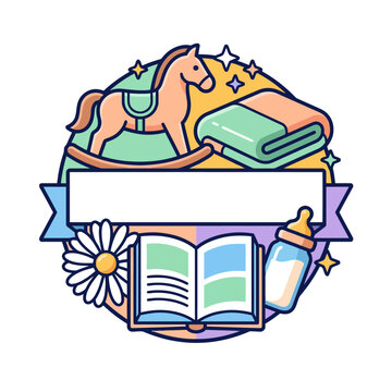 Baby shower illustration with rocking horse, blanket, book, and bottle for celebration