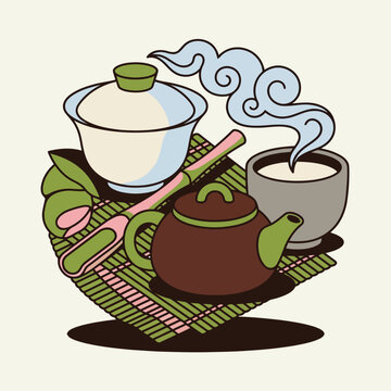 Traditional tea set with steaming teapot and cup on a bamboo mat for relaxation