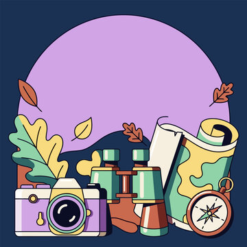 Travel and adventure composition with camera, binoculars, compass, and map for exploration