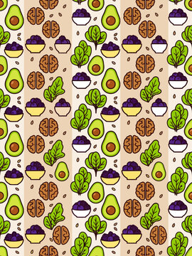 Seamless pattern with walnuts, avocado, blueberries, and spinach for healthy eating
