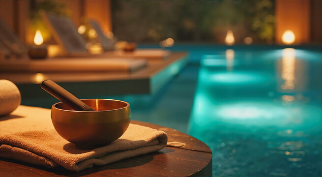 Bronze singing bowl with striker on folded towel by luxury resort swimming pool at night. Sound therapy setup for spa resort wellness, poolside relaxation, holistic massage and hotel health care