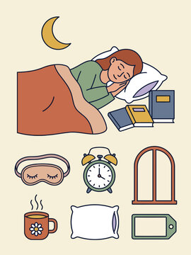 Woman sleeping peacefully in bed with sleep mask and elements for good mental health