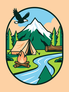 Outdoor camping adventure with mountain, river, campfire, tent, and eagle soaring