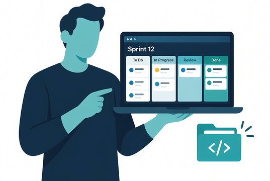 Flat vector illustration of a male developer holding a laptop displaying an agile scrum board with sprint tasks, progress columns, and a coding folder icon for software project management