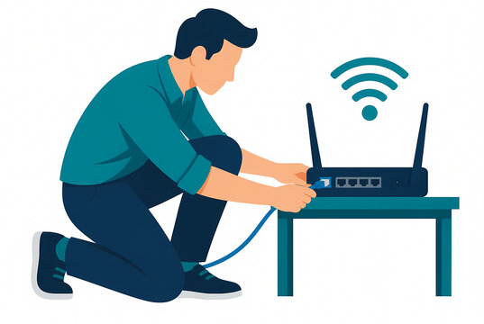 Flat Vector Illustration of a Man Setting Up a Wireless Wi-Fi Router, Connecting Ethernet Cable to Network Device for Internet Connection, IT Support and Networking Concept