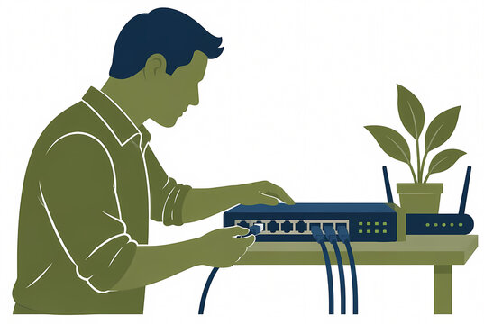 Flat vector illustration of a man silhouette configuring a network switch, connecting ethernet cables for internet setup, and managing telecommunications hardware in a home office.