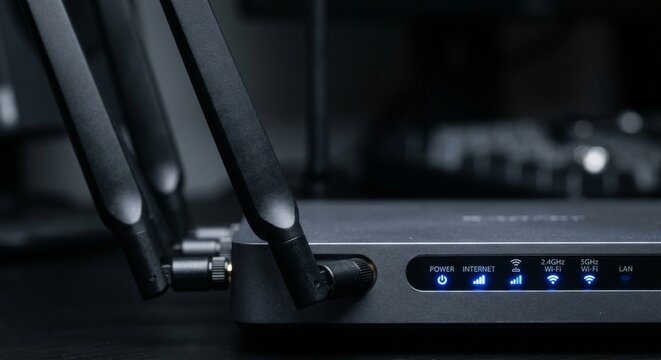 Modern wireless router close-up with illuminated signal indicators and antennas on dark background