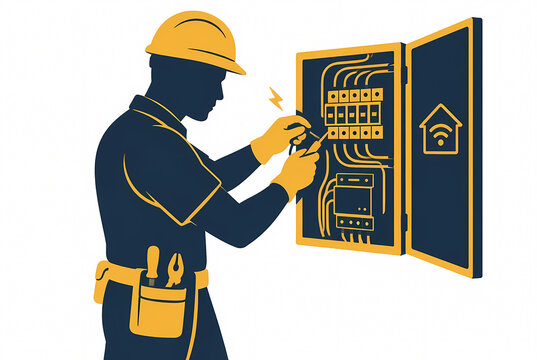 Flat Vector Illustration of a Professional Electrician Silhouette Wiring and Fixing an Electrical Circuit Breaker Box for Smart Home Maintenance and Power System Repairs
