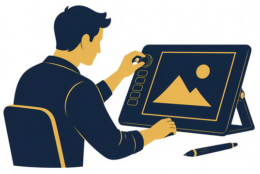 Flat Vector Illustration of a Professional Male Artist or Graphic Designer Working on a Digital Drawing Tablet with Screen and Stylus, Creating a Landscape Illustration in Studio