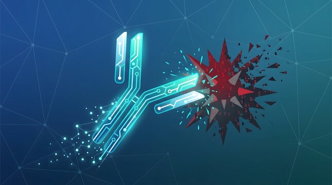 AI adaptive malware defense concept with digital antibody icon, vector illustration
