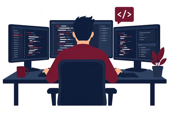 Flat Vector Illustration of a Professional Programmer or Software Developer Working at a Desk with Three Monitors Writing Code, Web Development and IT Engineering Concept