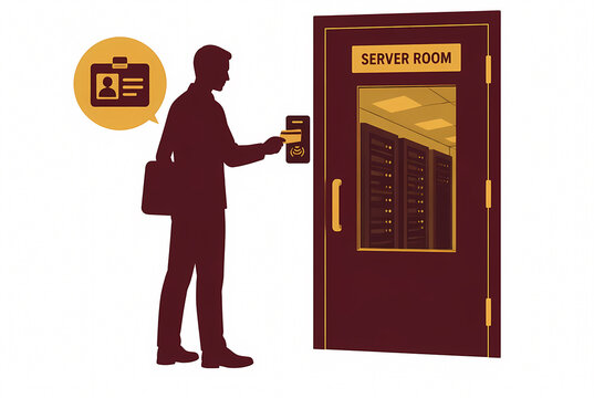 Flat vector illustration silhouette of a professional man scanning an identification card for secure access to a server room in a modern data center and cloud computing facility.