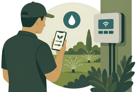 Smart Irrigation System Control via Smartphone App, Man Managing Automated Sprinklers in a Green Agricultural Field for Sustainable Water Management and Precision Farming Vector.