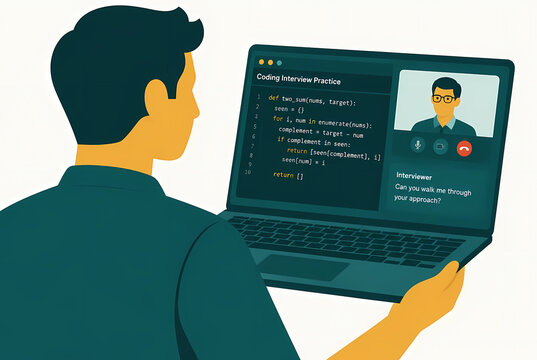 Vector illustration of a male programmer participating in a remote technical coding interview on a laptop, featuring code syntax, a video call interface, and an online recruiter.